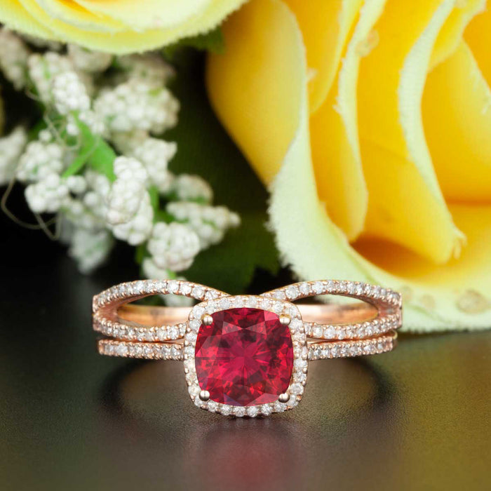2 Carat Cushion Cut Halo Ruby and Diamond Bridal Ring Set in 9k Rose Gold for Women