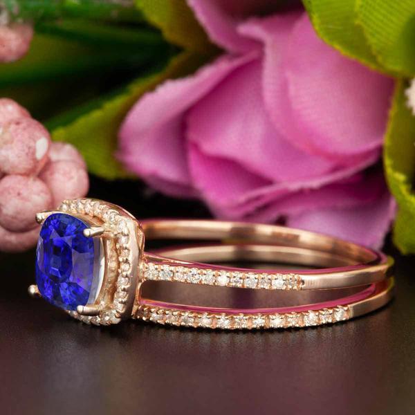 1.50 Carat Cushion Cut Halo Sapphire and Diamond Bridal Ring Set in Rose Gold for Women