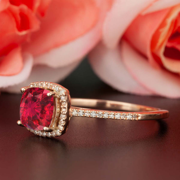 1.25 Carat Cushion Cut Halo Ruby and Diamond Engagement Ring in 9k Rose Gold for Women