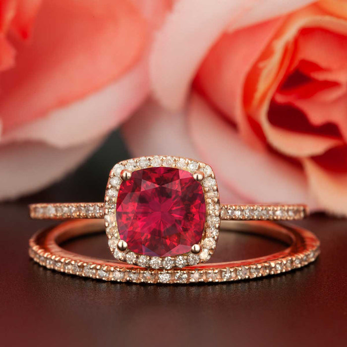 1.5 Carat Cushion Cut Halo Ruby and Diamond Bridal Ring Set in 9k Rose Gold for Women