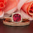 2 Carat Cushion Cut Halo Ruby and Diamond Trio Bridal Ring Set in 9k Rose Gold for Women