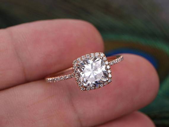1.50 Carat Round Cut Moissanite and Diamond Halo Engagement Ring in 9k Rose Gold