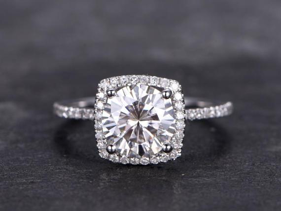 1.50 Carat Round Cut Moissanite and Diamond Halo Engagement Ring in 9k White Gold