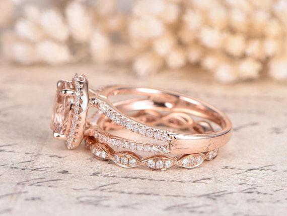 2 Carat Split Shank Oval Cut Morganite and Diamond Bridal Ring Set in Rose Gold