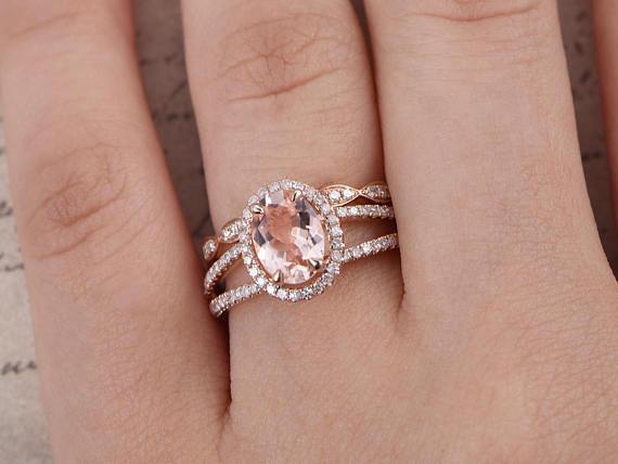 2 Carat Split Shank Oval Cut Morganite and Diamond Bridal Ring Set in Rose Gold