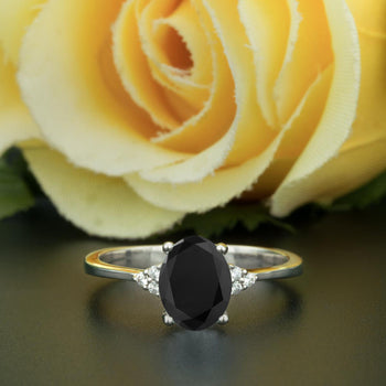 1.25 Carat Oval Cut Black Diamond and Diamond Engagement Ring in 9k White Gold Elegant Ring