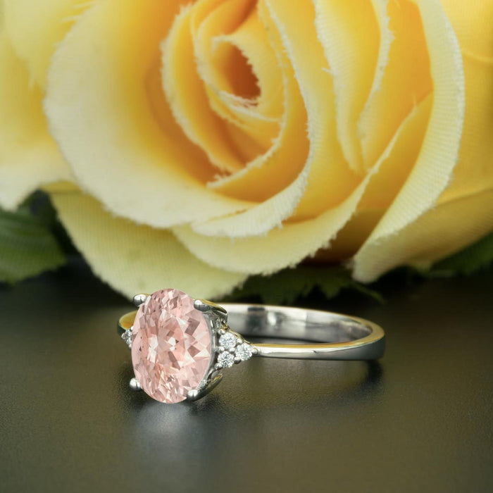 1.25 Carat Oval Cut Peach Morganite and Diamond Engagement Ring in White Gold Handmade Ring