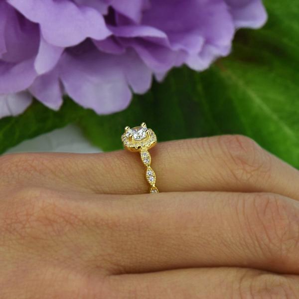 Final Sale: 1 Carat Round Cut Art Deco Halo Engagement Ring in Yellow Gold over Sterling Silver