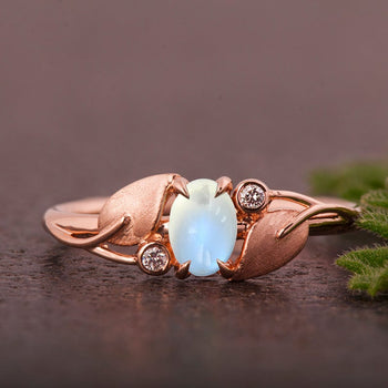 Rustic Leaf Design 1.25 Carat Oval Cabochon Cut Blue Moonstone and Diamond Engagement Ring in Rose Gold