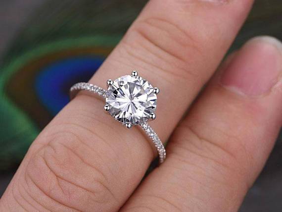 1.25 Carat Round Cut Moissanite and Diamond Engagement Ring in 9k White Gold