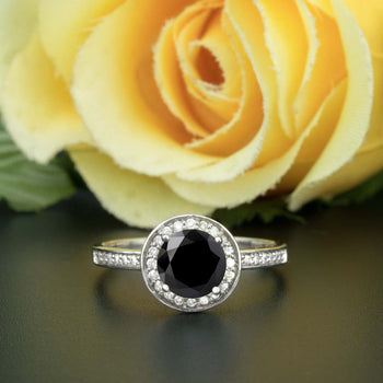 1.25 Carat Round Cut Halo Black Diamond and Diamond Engagement Ring in White Gold for Women