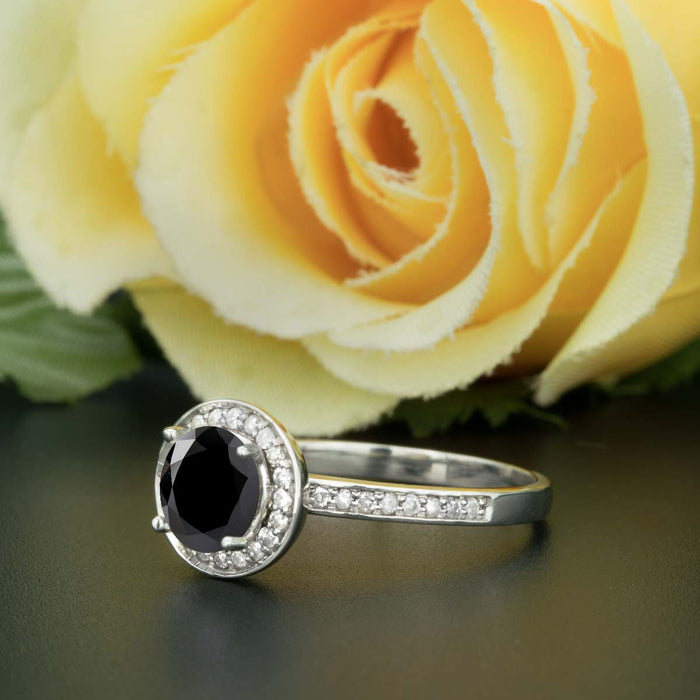 1.25 Carat Round Cut Halo Black Diamond and Diamond Engagement Ring in White Gold for Women