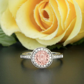 Celebrity Ring 1.25 Carat Round Cut Peach Morganite and Diamond Engagement Ring in White Gold