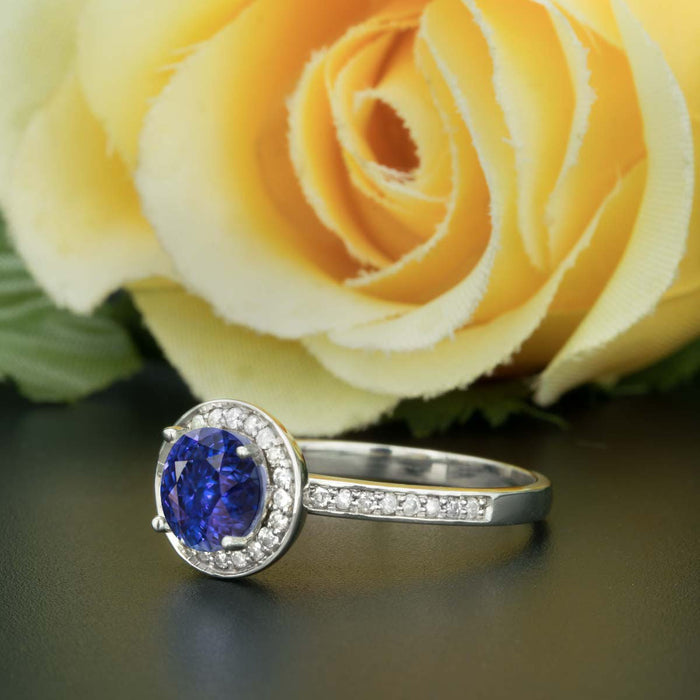 1.25 Carat Round Cut Halo Sapphire and Diamond Engagement Ring in White Gold for Women