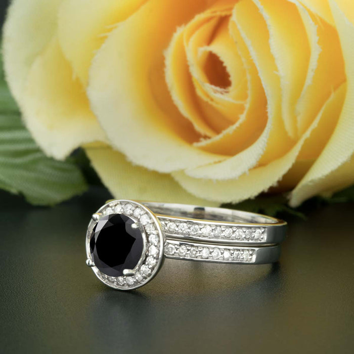 1.5 Carat Round Cut Halo Black Diamond and Diamond Bridal Ring Set in 9k White Gold for Women
