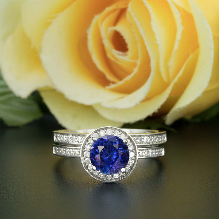 1.50 Carat Round Cut Halo Sapphire and Diamond Bridal Ring Set in White Gold for Women