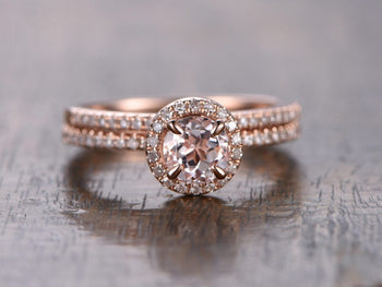 Limited Time Sale 1.50 Carat Round Cut Morganite and Diamond Halo Bridal Ring Set in   Rose Gold