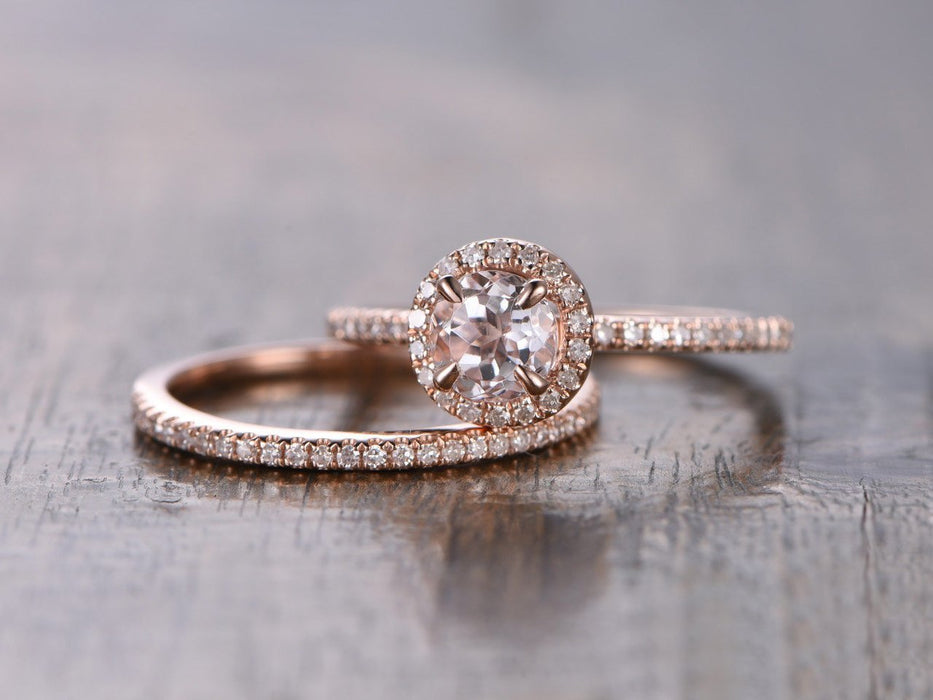 Limited Time Sale 1.50 Carat Round Cut Morganite and Diamond Halo Bridal Ring Set in   Rose Gold