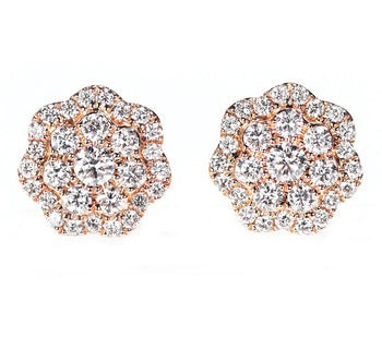 Floral 1 Carat Round Cut Diamond Cluster Stud Earrings in Rose Gold