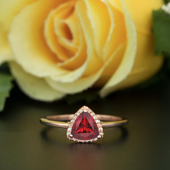 1.25 Carat Trillion Cut Halo Ruby and Diamond Engagement Ring in 9k Rose Gold Flawless Ring