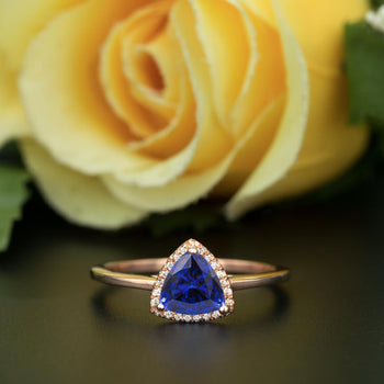 1.25 Carat Trillion Cut Halo Sapphire and Diamond Engagement Ring in Rose Gold Flawless Ring