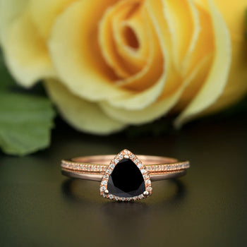 1.5 Carat Trillion Cut Halo Black Diamond and Diamond Classic Wedding Ring Set in 9k Rose Gold Flawless Ring