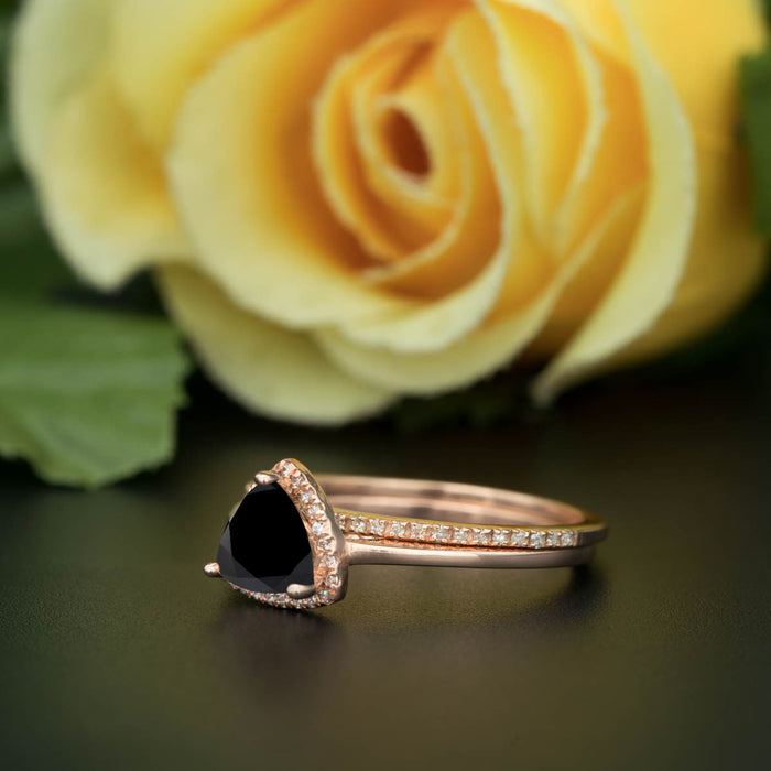 1.5 Carat Trillion Cut Halo Black Diamond and Diamond Classic Wedding Ring Set in 9k Rose Gold Flawless Ring