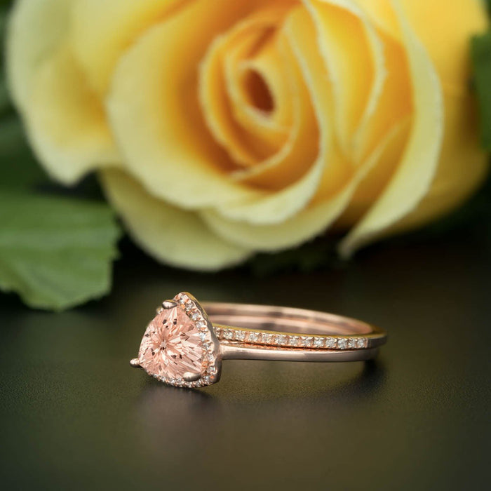 1.50 Carat Trillion Cut Halo Sapphire and Diamond Classic Wedding Ring Set in Rose Gold Flawless Ring