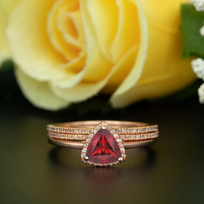 2 Carat Trillion Cut Halo Ruby and Diamond Trio Classic Wedding Ring Set in 9k Rose Gold Flawless Ring