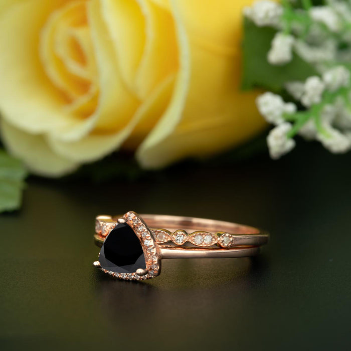 1.5 Carat Trillion Cut Halo Black Diamond and Diamond Art Deco Wedding Ring Set in 9k Rose Gold Flawless Ring