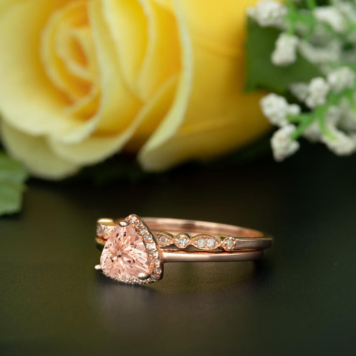 1.50 Carat Trillion Cut Halo Sapphire and Diamond Art Deco Wedding Ring Set in Rose Gold Flawless Ring