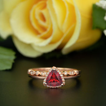1.5 Carat Trillion Cut Halo Ruby and Diamond Art Deco Wedding Ring Set in 9k Rose Gold Flawless Ring