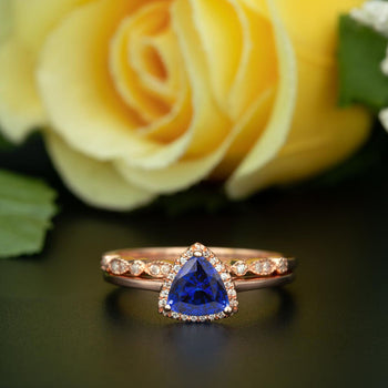 1.50 Carat Trillion Cut Halo Sapphire and Diamond Art Deco Wedding Ring Set in Rose Gold Flawless Ring