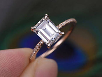 1.25 Carat Emerald Cut Moissanite and Diamond Engagement Ring in 9k Rose Gold