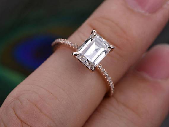 1.25 Carat Emerald Cut Moissanite and Diamond Engagement Ring in 9k Rose Gold