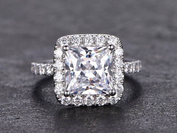 1.50 Carat Princess Cut Moissanite and Diamond Halo Engagement Ring in White Gold