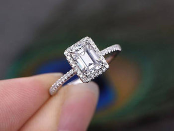 1.50 Carat Emerald Cut Moissanite and Diamond Halo Engagement Ring in 9k White Gold