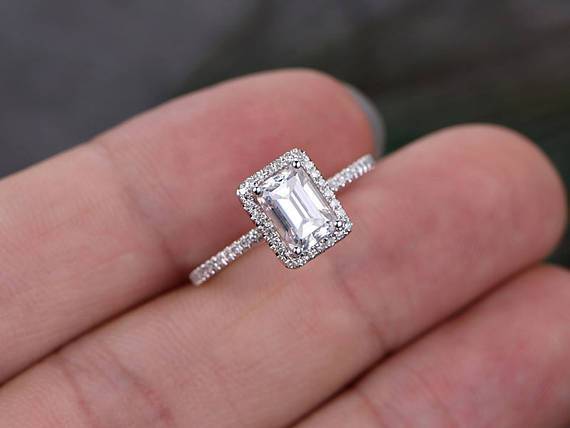 1.50 Carat Emerald Cut Moissanite and Diamond Halo Engagement Ring in 9k White Gold