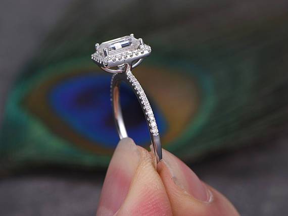 1.50 Carat Emerald Cut Moissanite and Diamond Halo Engagement Ring in 9k White Gold