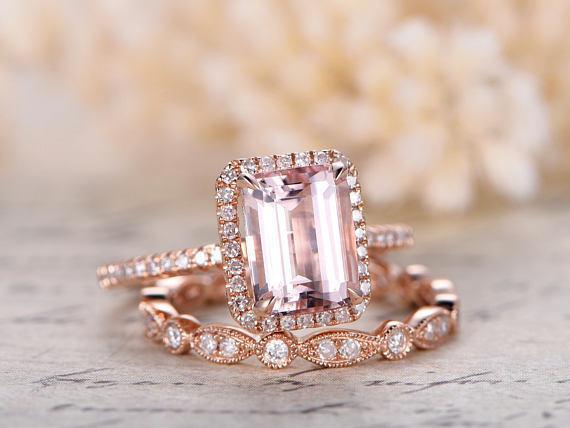 2.25 Carat Emerald Cut Morganite and Diamond Wedding Ring Set in Rose Gold