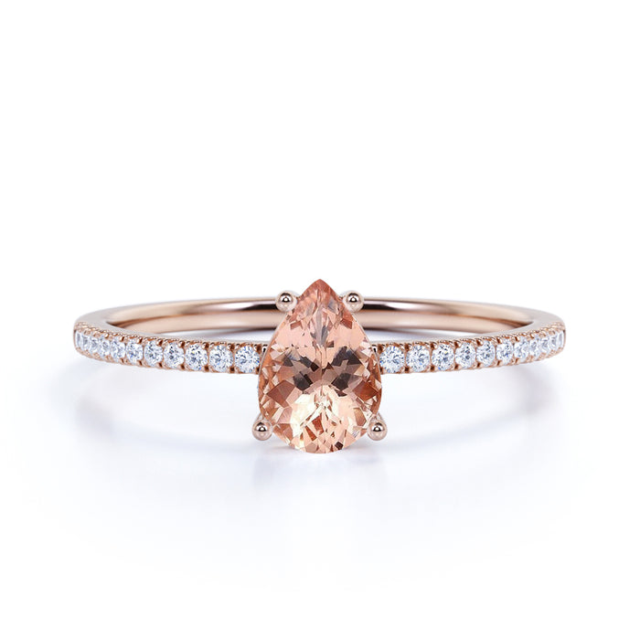 0.75 Carat Teardrop Morganite Engagement Ring with Pave Diamond Accents in Rose Gold