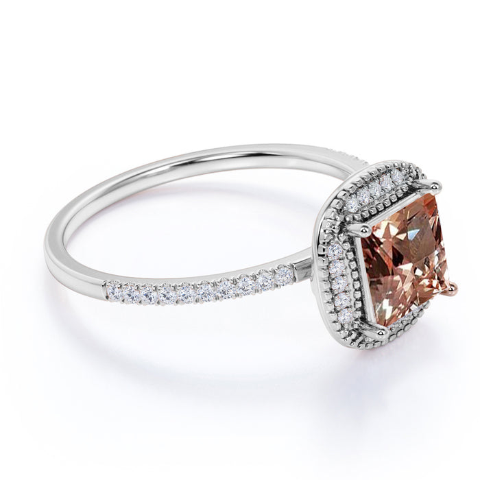 Vintage 1.50 Carat Princess Cut Peach Morganite and Pave Diamond Accents Halo Wedding Ring in Rose Gold