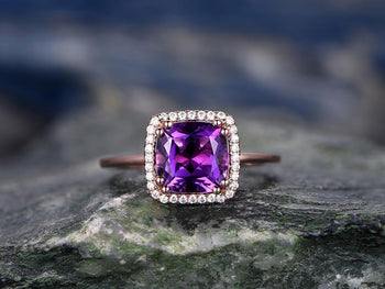 1.50 Carat Cushion Amethyst and Diamond Halo Engagement Ring in Rose Gold