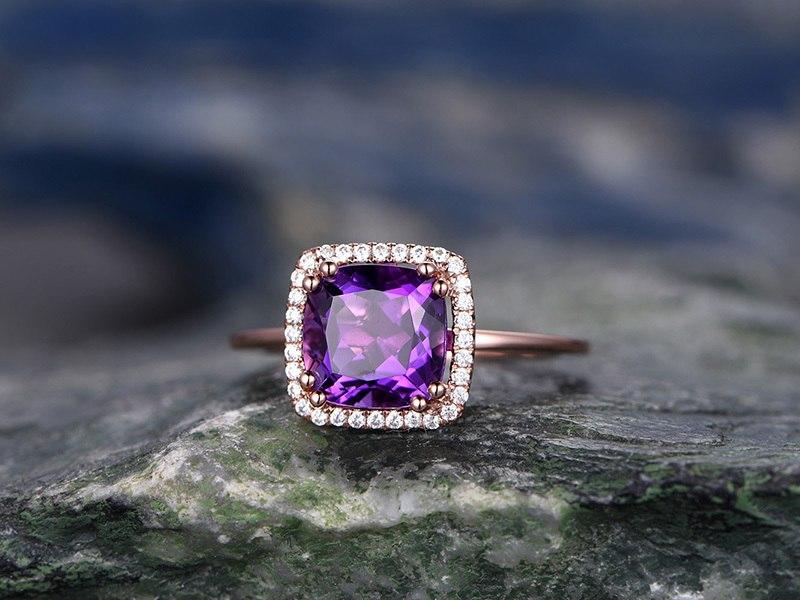 1.50 Carat Cushion Amethyst and Diamond Halo Engagement Ring in Rose Gold