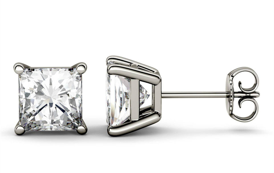 Limited Time Sale 2 Carat Princess Cut Moissanite Solitaire Stud Earrings in White Gold