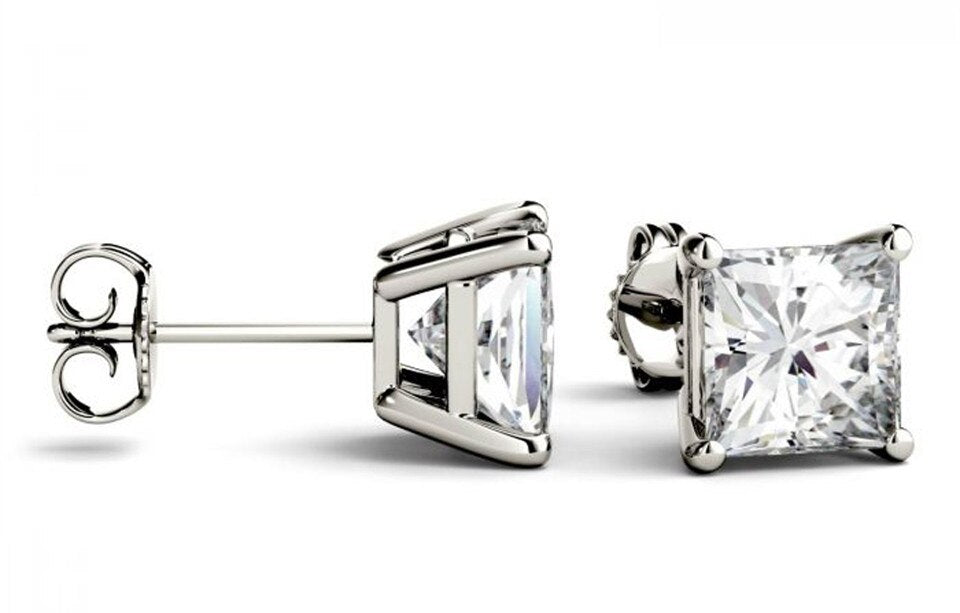 Limited Time Sale 2 Carat Princess Cut Moissanite Solitaire Stud Earrings in White Gold