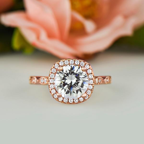 2.25 Carat Art Deco Halo Engagement Ring in Rose Gold over Sterling Silver