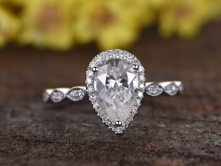 Antique 1.50 Carat Pear Cut Moissanite and Diamond Halo Engagement Ring in White Gold