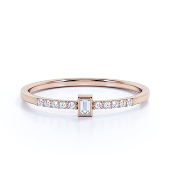 Delicate Emerald and Round Cut Diamond Stacking Ring in Rose Gold