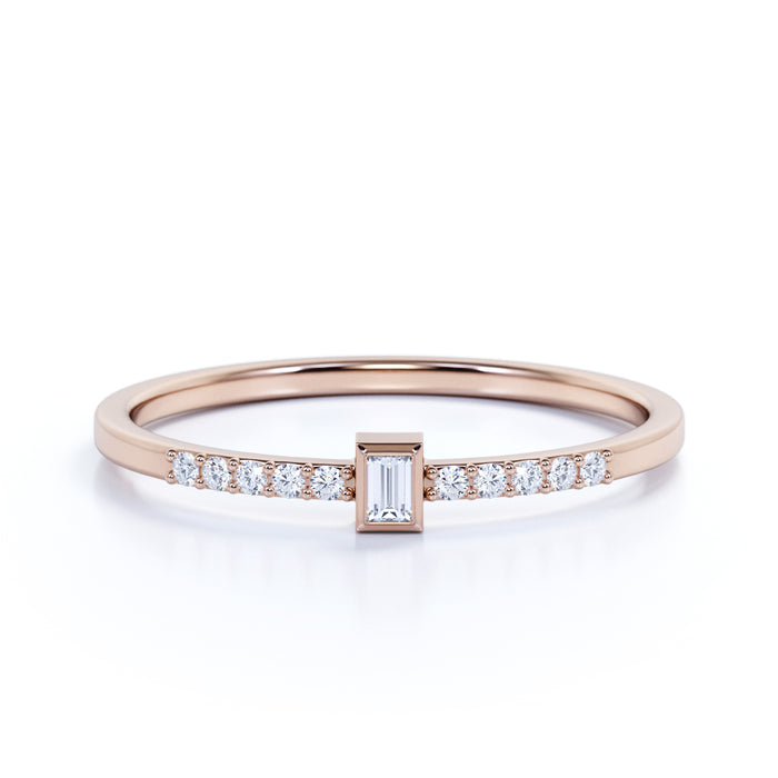 Delicate Emerald and Round Cut Diamond Stacking Ring in Rose Gold